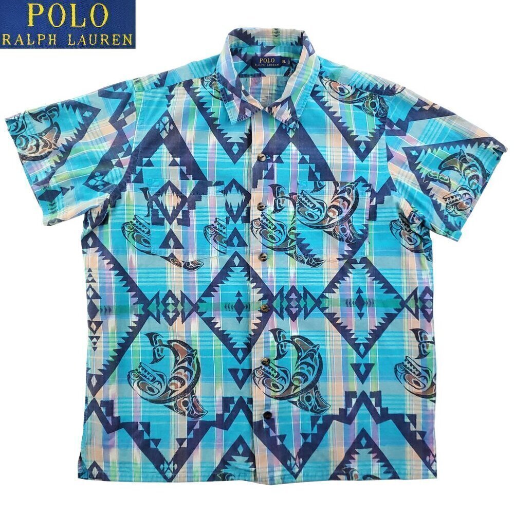 Polo Ralph Lauren Aztec Camp Shirt Loop Collar Hawaiian Fish Cotton Men's XL